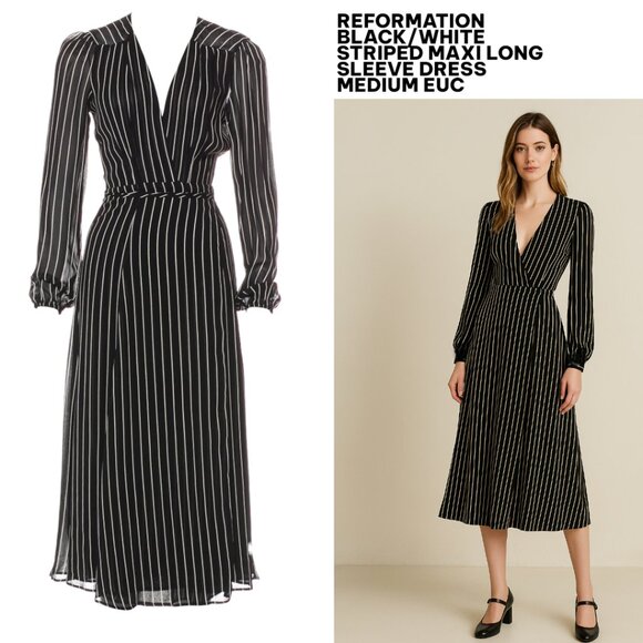 Reformation Dresses & Skirts - REFORMATION BLACK/WHITE STRIPE MIDI LONG SLEEVE WRAP V‎ NECK DRESS MEDIUM EUC